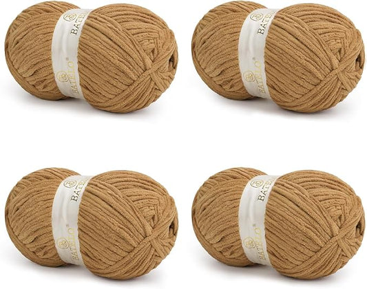 Chenille Yarn for Crocheting & Knitting 880 Yards, Soft Thick Fluffy Bulky Blanket Yarn, 4 Pack of 10.5oz(Brown)
