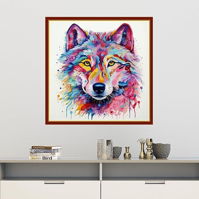Findvoor Stamped Cross Stitch Kits for Beginners Full Range of Cross Stitching Embroidery Pattern for Adults, 11CT DIY Needlepoint Embroidery Starter Kits-Colorful Wolf 17.7x17.7 inch