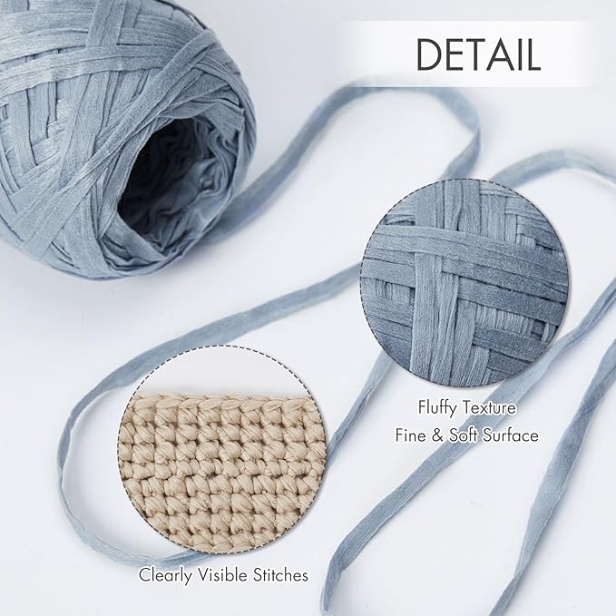 NICEEC 6 Skeins Soft Tape Yarn for Crocheting Craft Paper Yarn Easy Crochet Raffia Yarn Ribbon Yarn for DIY Craft Gift Wrapping Total Length 1.76oz×6/109yds×6-Dusty Blue