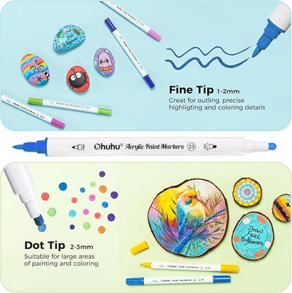 Ohuhu Acrylic Paint Markers Dual Tips: 72 Colors Fine & Dot Paint Pens High Opacity Acrylic Markers Waterproof Lightfast for Christmas Gifts Rock Painting 3D Prints Egg Wood Glass Ceramic DIY Crafts