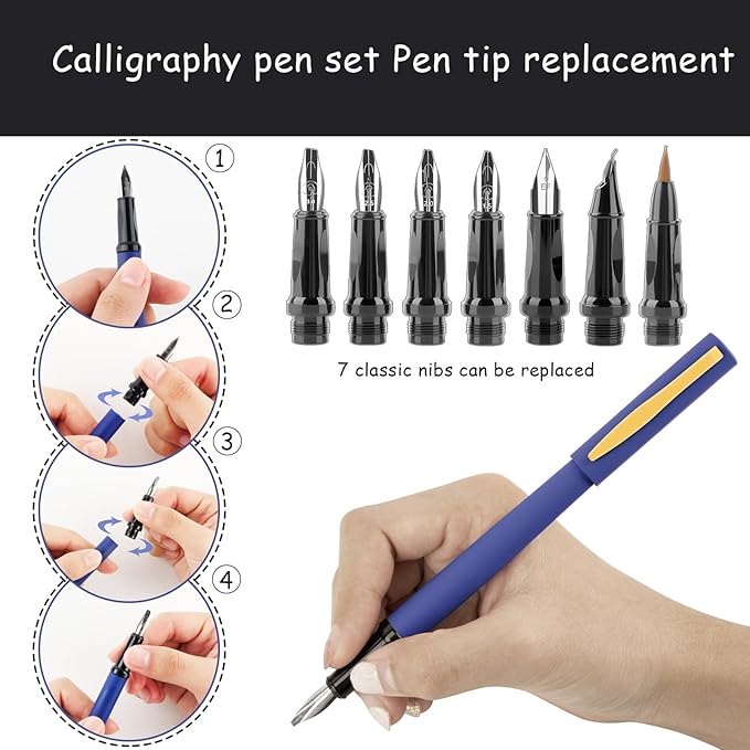 Aifeiter Calligraphy Pen set,Calligraphy Fountain Pens with 7 Different Replaceable Nibs with 60 Ink Cartridges(12 Colors),3 multi-functional color Fountain pens