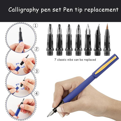 Aifeiter Calligraphy Pen set,Calligraphy Fountain Pens with 7 Different Replaceable Nibs with 60 Ink Cartridges(12 Colors),3 multi-functional color Fountain pens