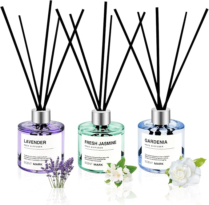 POWSHELF Reed Diffuser Set of 3 Pack,50ML Lavender Jasmine Gardenia Scented Oil Diffuser with 5 Sticks,Home Fragrance Reed Diffuser for Bedroom Bathroom Office (Lavender/Jasmine/Gardenia)