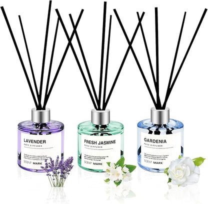 POWSHELF Reed Diffuser Set of 3 Pack,50ML Lavender Jasmine Gardenia Scented Oil Diffuser with 5 Sticks,Home Fragrance Reed Diffuser for Bedroom Bathroom Office (Lavender/Jasmine/Gardenia)