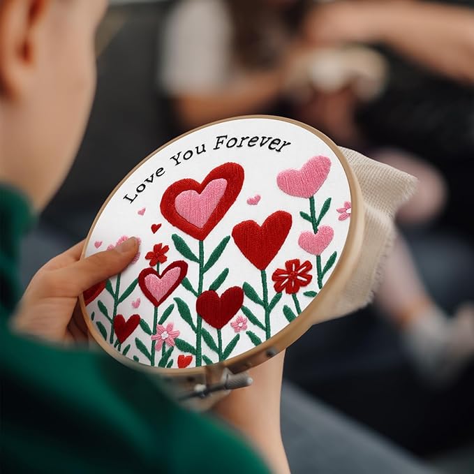 Nuberlic Valentine Embroidery Kit for Beginners - Heart Floral Design Adults Starter Cross Stitch Kit DIY Needlepoint with Hoop, Pre-Printed Fabric, Threads & Step-by-Step Guide