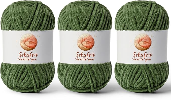 3 Pack Army Green Chunky Chenille Yarn for Crocheting, Bulky Velvet Yarns for Crochet, Baby Yarn for Crocheting Soft Blanket, 393 yds/10.5 oz Fluffy Amigurumi Crochet Yarn