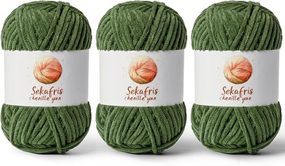 3 Pack Army Green Chunky Chenille Yarn for Crocheting, Bulky Velvet Yarns for Crochet, Baby Yarn for Crocheting Soft Blanket, 393 yds/10.5 oz Fluffy Amigurumi Crochet Yarn