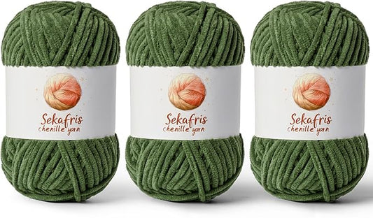 3 Pack Army Green Chunky Chenille Yarn for Crocheting, Bulky Velvet Yarns for Crochet, Baby Yarn for Crocheting Soft Blanket, 393 yds/10.5 oz Fluffy Amigurumi Crochet Yarn