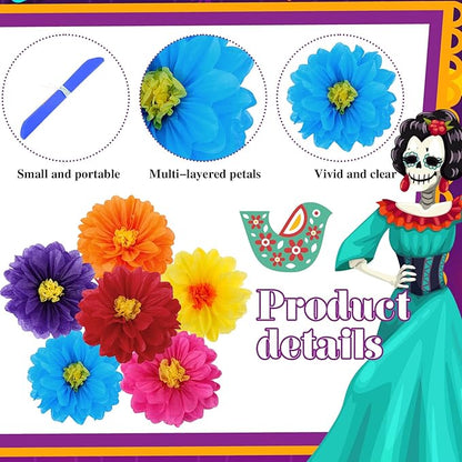 Geyee 108 Pcs Mexican Paper Flowers Colorful Fiesta Tissue Paper Flowers Pom Poms Mexican Carnival for Floral Party Backdrop Wedding Birthday Party Craft (6" 8" 10")