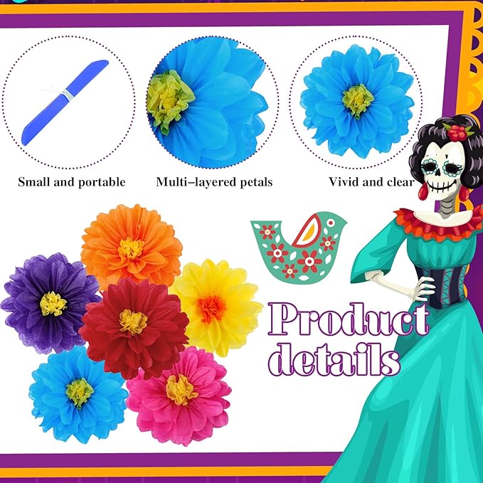 Geyee 90 Pcs Mexican Paper Flowers Colorful Fiesta Tissue Paper Flowers Pom Poms Mexican Carnival for Floral Party Backdrop Wedding Birthday Party Craft (6" 8" 10")