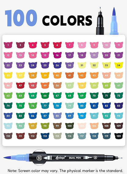 AEDAGA 100 Colors Numbered Dual Tip Brush Pens with Free App, Fine and Brush Tips Pens for Adults, Coloring Markers for Coloring Book Bullet Journaling Note Taking Planner Hand Lettering