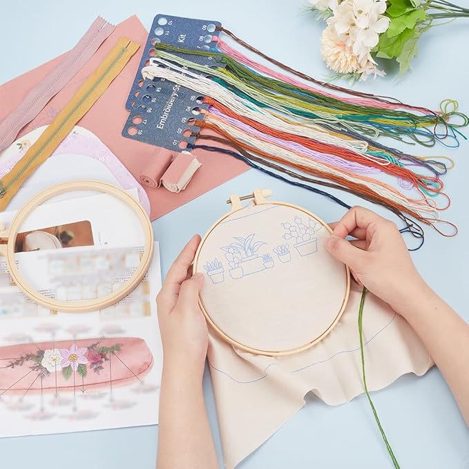 WEBEEDY 2 Sets DIY Embroidery Kit Canvas Zipper Pouch Handmade Embroidery Canvas Pencil Case Cosmetic Bags DIY Embroidered Clutch Starter Kit with All Supplies Tools Embroidery Hoops