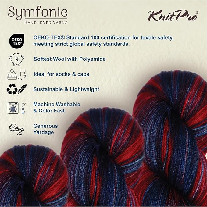 KnitPro Symfonie Hand Dyed Yarn | Extra Fine Merino Wool & Polyamide Blend for Knitting & Crocheting, Fingering Weight, Oeko-TEX Certified 400m, 100g Skein | Terra Variegated Twilight Flame