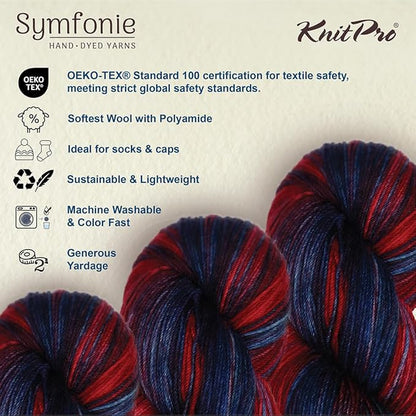 KnitPro Symfonie Hand Dyed Yarn | Extra Fine Merino Wool & Polyamide Blend for Knitting & Crocheting, Fingering Weight, Oeko-TEX Certified 400m, 100g Skein | Terra Variegated Twilight Flame