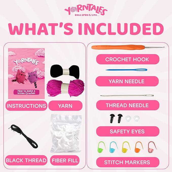 YarnTales DIY Pink Kitten Crochet Kit - Beginner Craft Kit with All Included Supplies & Video Tutorials - Great Christmas, Xmas & Hanukkah Gift or Stocking Stuffer for Teens & Adults