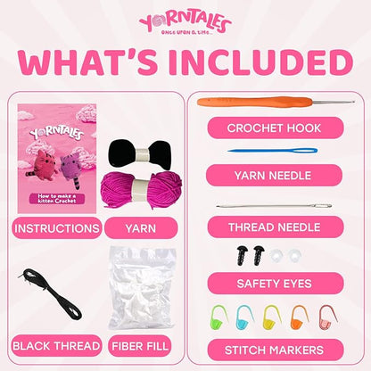 YarnTales DIY Pink Kitten Crochet Kit - Beginner Craft Kit with All Included Supplies & Video Tutorials - Great Christmas, Xmas & Hanukkah Gift or Stocking Stuffer for Teens & Adults