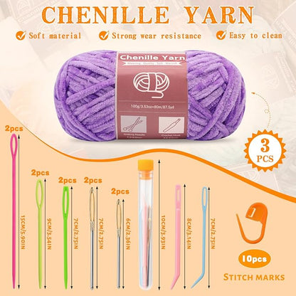 LUNARM Chenille Yarn for Crocheting Knitting, 3 Skein 263 Yard Thick Soft Chunky Fluffy Weaving Plush Yarn for Blankets Clothes Pattern Creations with Big Eye Needles (Purple)