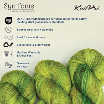 KnitPro Symfonie Hand Dyed Yarn | Extra Fine Merino Wool & Polyamide Blend for Knitting & Crocheting, Fingering Weight, Oeko-TEX Certified 400m, 100g Skein | Terra Variegated Macha