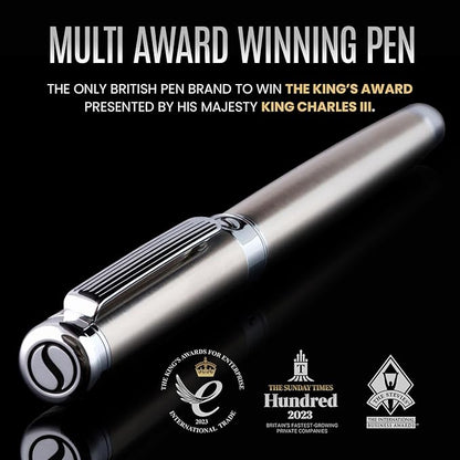 Scriveiner Stainless Steel Fountain Pen - Stunning Luxury Pen with Steel Finish, Schmidt Steel Nib (Fine), Best Pen Gift Set for Men & Women, Professional, Executive Office, Nice Designer Pens