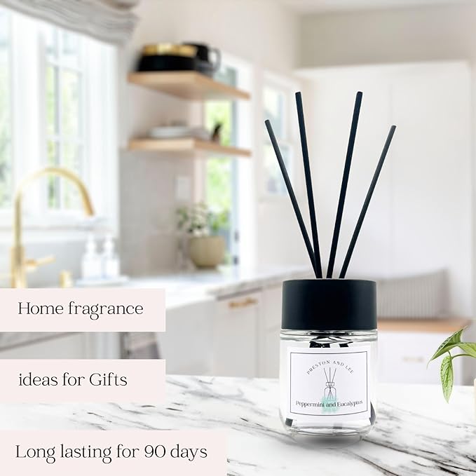 Preston and Lee Reed Diffuser Set | 100 ml (3.4 fl oz) Peppermint and Eucalyptus Scent | Reed Diffuser Set | Aromatherapy Diffusers | Natural Reed Diffuser Oil for Home and Spa Fragrance