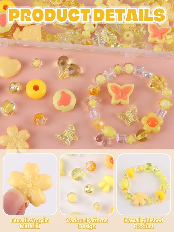 150PCS Acrylic Pastel Beads for Jewelry Making, Kalolary Colorful Bow Butterfly Flower Kawaii Plastic Candy Heart Cute Macaroon Aesthetic Beads for Bracelet Necklace DIY Supplies (Yellow)