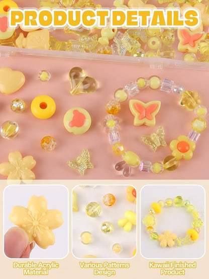 150PCS Acrylic Pastel Beads for Jewelry Making, Kalolary Colorful Bow Butterfly Flower Kawaii Plastic Candy Heart Cute Macaroon Aesthetic Beads for Bracelet Necklace DIY Supplies (Yellow)