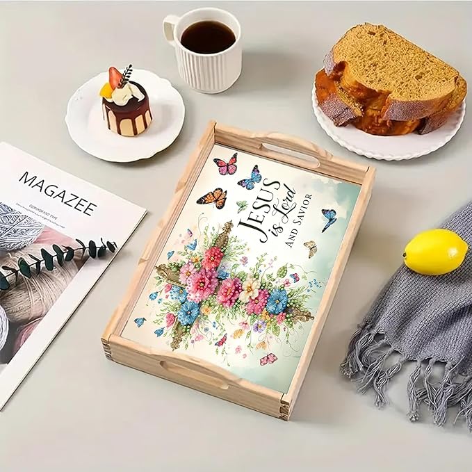 DoxQcs DIY Diamond Art Wooden Tray Kit Easter Food Tray with Handle Diamond Painted Table Decoration Tray for Breakfast Bar Dinner Table Diamond Art Painting for Beginners-#09-Flower Cross