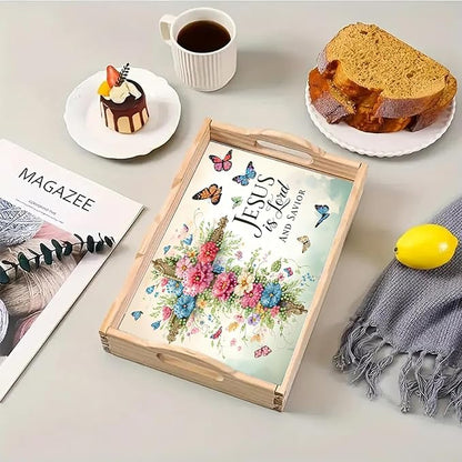 DoxQcs DIY Diamond Art Wooden Tray Kit Easter Food Tray with Handle Diamond Painted Table Decoration Tray for Breakfast Bar Dinner Table Diamond Art Painting for Beginners-#09-Flower Cross