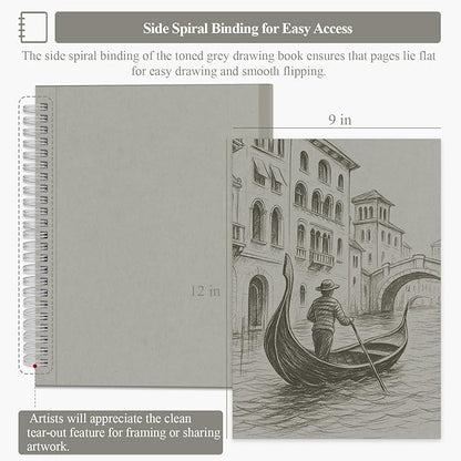 SuFly Gray Sketchbook 9" x 12" - 60 Sheets Spiral Bound Sketch Book, 85lb/130gsm Drawing Paper Pad for Graphite, Charcoal, Colored Pencils and Gel Pens.