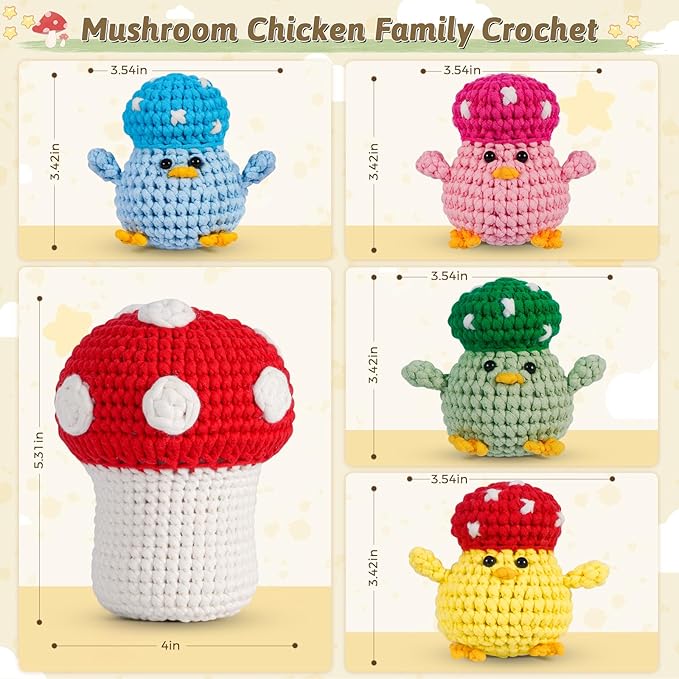 Crochet Kit for Beginners - Adorable Animal Crocheting Set with 4 Chicks and 1 Big Mushroom, DIY Craft with Step-by-Step Video Tutorials, Learn to Crochet Kit for Adults Kid, Ideal Christmas Gift