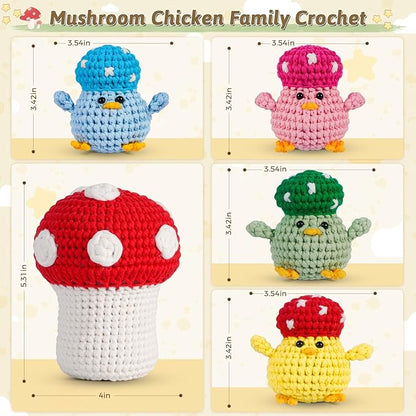 Crochet Kit for Beginners - Adorable Animal Crocheting Set with 4 Chicks and 1 Big Mushroom, DIY Craft with Step-by-Step Video Tutorials, Learn to Crochet Kit for Adults Kid, Ideal Christmas Gift