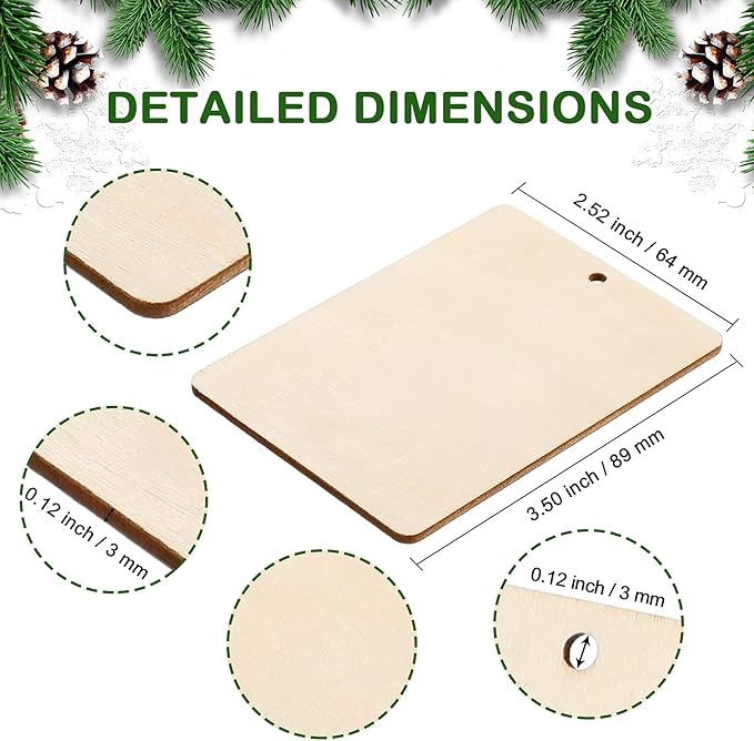 36 Pcs Unfinished Wood Pieces 2.5 x 3.5 Inches Rectangle Square Rustic Blank Wooden Tags with Holes Light Wooden Cutouts with 32.8 Feet Rope for DIY Holiday Valentine Hanging Decorations