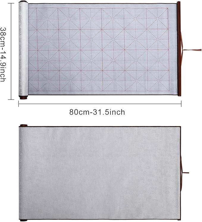 MEGREZ 4 Set No Ink Chinese Calligraphy Practice Set, Water Writing Cloth Calligraphy Comes with Magic Cloth, Brush Pen, Water Dish, Calligraphy Copy for Beginners, Silver