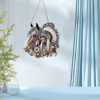 Diamond Art Suncatcher Hanging Kit Native American Horse Design, Special Shaped Diamond Painting Hanging Ornament for Adults DIY Wall Window Decoration