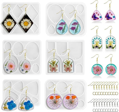 Roxjaejae 46 PCS Resin Earring Molds Silicone Kit, Resin Jewelry Making Kit with Built-in Holes for Earrings, Necklace, Pendants, Keychains