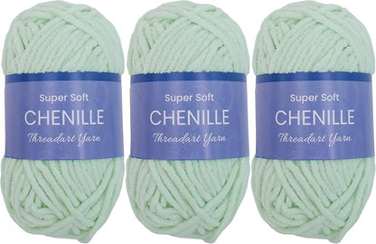 Threadart 3 Pack Super Soft Chenille Yarn - 50 Gram 60 yds #5 Fluffy Yarn Skeins - Seafoam
