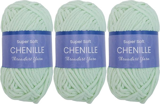 Threadart 3 Pack Super Soft Chenille Yarn - 50 Gram 60 yds #5 Fluffy Yarn Skeins - Seafoam