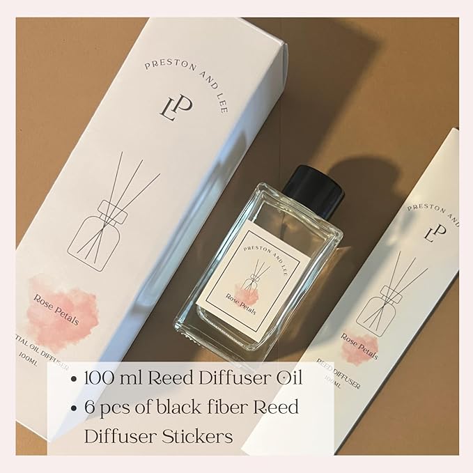 Preston and Lee Reed Diffuser Set | 100 ml (3.4 fl oz) Rose Petals Scent | Reed Diffuser Set | Aromatherapy Diffusers | Natural Reed Diffuser Oil for Home and Spa Fragrance