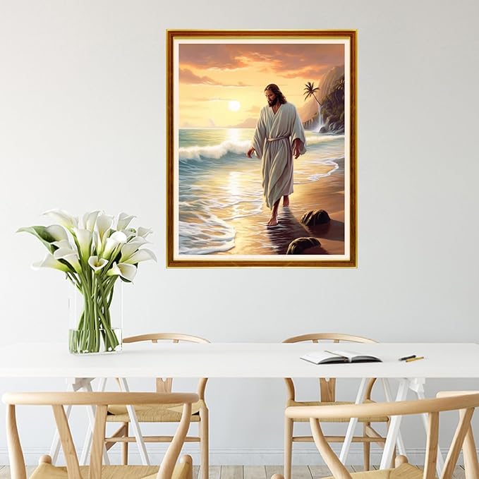 Joycasa Stamped Cross Stitch Kits for Beginners Full Range of Cross Stitching 11 CT Printed Cross Stitch Kit for Adults Cross-Stitch Patterns Needlepoint Kits-Jesus strolls by The Seaside 16x20 inch