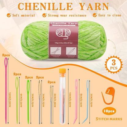 LUNARM Chenille Yarn for Crocheting Knitting, 3 Skein 263 Yard Thick Soft Chunky Fluffy Weaving Plush Yarn for Blankets Clothes Pattern Creations with Big Eye Needles (Grass Green)