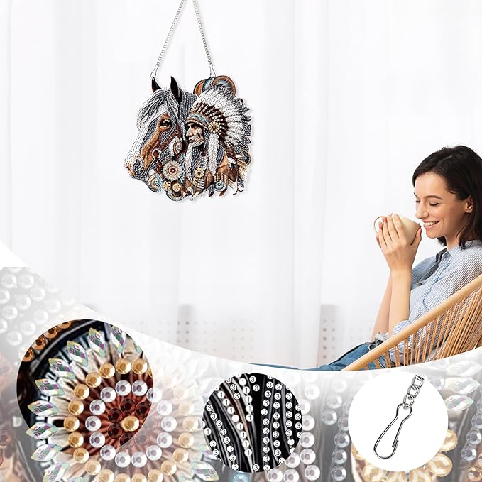 Diamond Art Suncatcher Hanging Kit Native American Horse Design, Special Shaped Diamond Painting Hanging Ornament for Adults DIY Wall Window Decoration