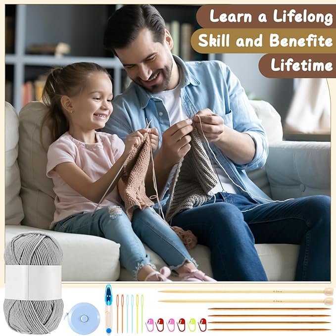 Maasechs Knitting Kit for Beginners, Learn to Knit Kit for Adults, Complete Hat, Scarf, Gloves Starter Bundle with Step-by-Step Instructions Includes Wool Yarn, Needles & Accessories (Gray)