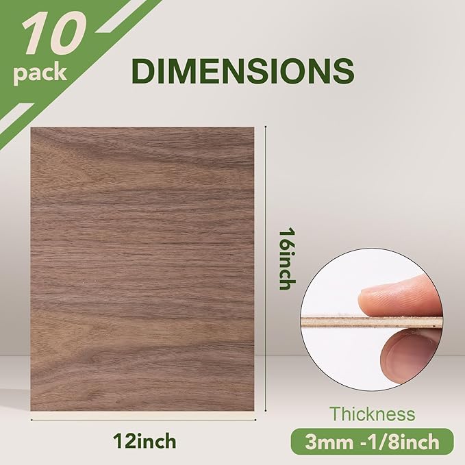 ROBOTIME 10-Pack Walnut Plywood for Laser Cutting - 12 x 16 x 1/8 Inch Laser Engraving Blanks - 3mm Wood for Laser Cutting, Engraving & Wood Burning (Pyrography) - Unfinished Wood for Crafts