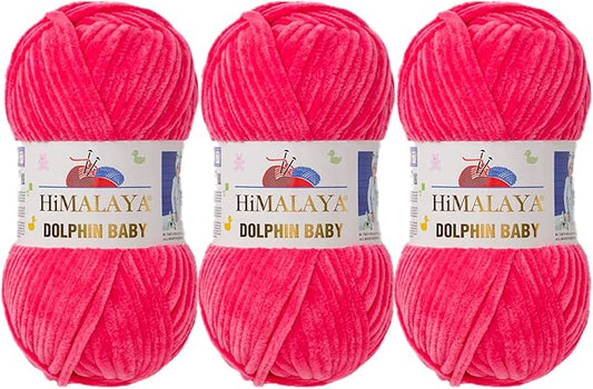 3 Skein/Pack Himalaya Dolphin Baby Chenille Yarn, Each Ball 100 gr (3.5 oz), 120 m (132 Yards), 100% Polyester, Super Bulky Baby Blanket Velvet Amigurumi Yarn, 80324 - Candy Pink
