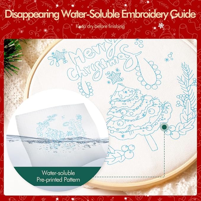 Christmas Embroidery Kits: 1 Pack Cross Stitch Kit for Beginners Adults, DIY Ornaments Craft Kit with All Tools & Instructions, Stamped Hand Embroidery Starter Kit for Holiday Crafts & Xmas Home Decor
