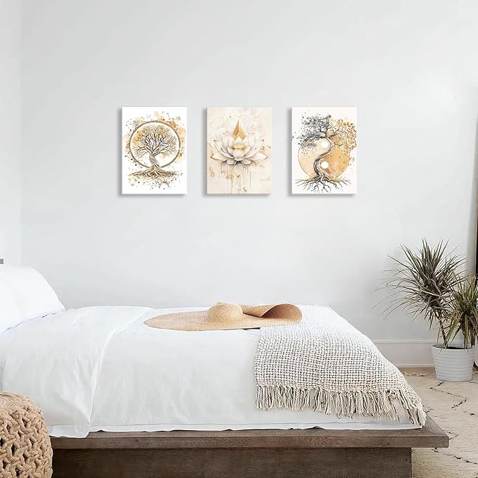 WENGTIAO 3Pcs Tree of Life Canvas Wall Art Prints Zen Lotus Pictures Posters Beige Yin Yang Fall Art Paintings Spiritual Meditation Artwork for Living Room Bedroom Spa Office Home Decor 12x16x3Pcs