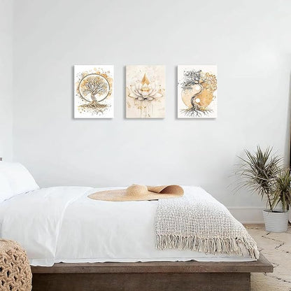WENGTIAO 3Pcs Tree of Life Canvas Wall Art Prints Zen Lotus Pictures Posters Beige Yin Yang Fall Art Paintings Spiritual Meditation Artwork for Living Room Bedroom Spa Office Home Decor 12x16x3Pcs