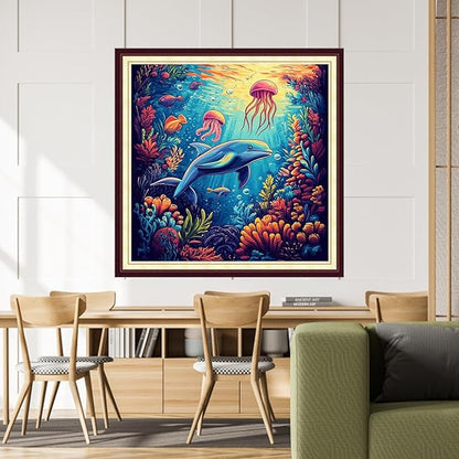 DMCCRAFT Stamped Cross Stitch Kits for Adults 11CT Printed Cross-Stitch Patterns Embroidery Kits Easy Cross Stitching Needlepoint Kits&Dolphin Underwater World 18x18 inch