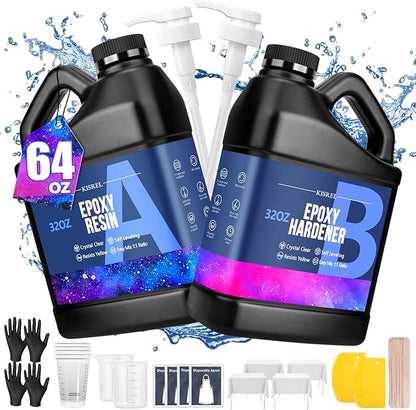 Epoxy Resin 64OZ - Crystal Clear Epoxy Resin Kit - No Yellowing No Bubble Art Resina Casting Resins for Art Crafts, Jewelry Making, Wood & Molds(32OZ x 2)