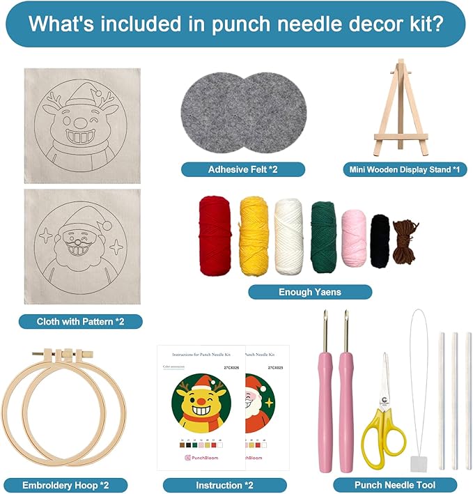 Christmas Punch Needle Kit for Adult Beginner, 2-Pack Santa & Reindeer Easy Punch Embroidery Starter Set with Instruction, Fun DIY Needle Point Craft for Home Decor & Holiday Gift Idea